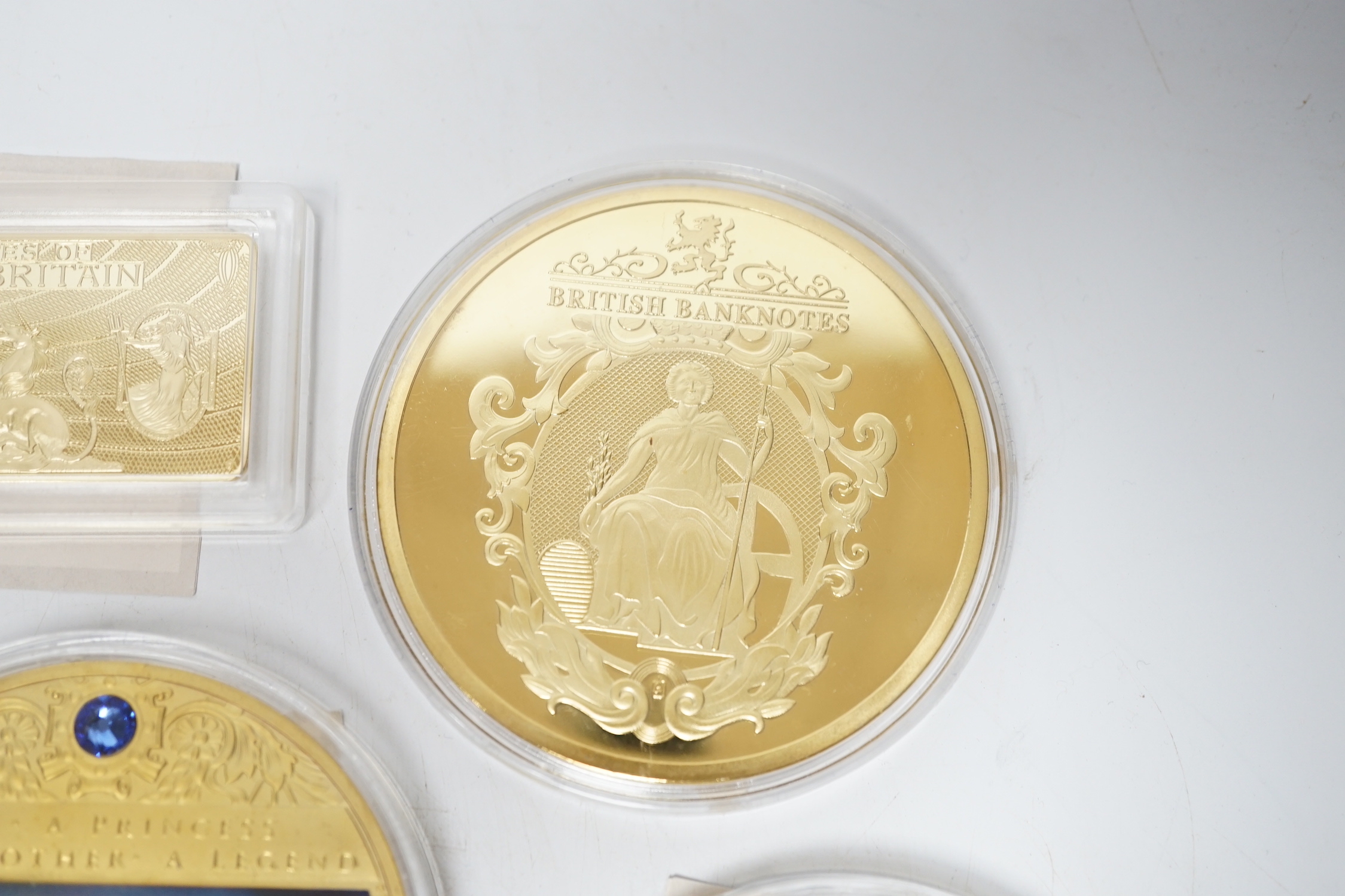 Five large gold plated commemorative medallions for VE Day, Princess Diana, The Queen, etc.
